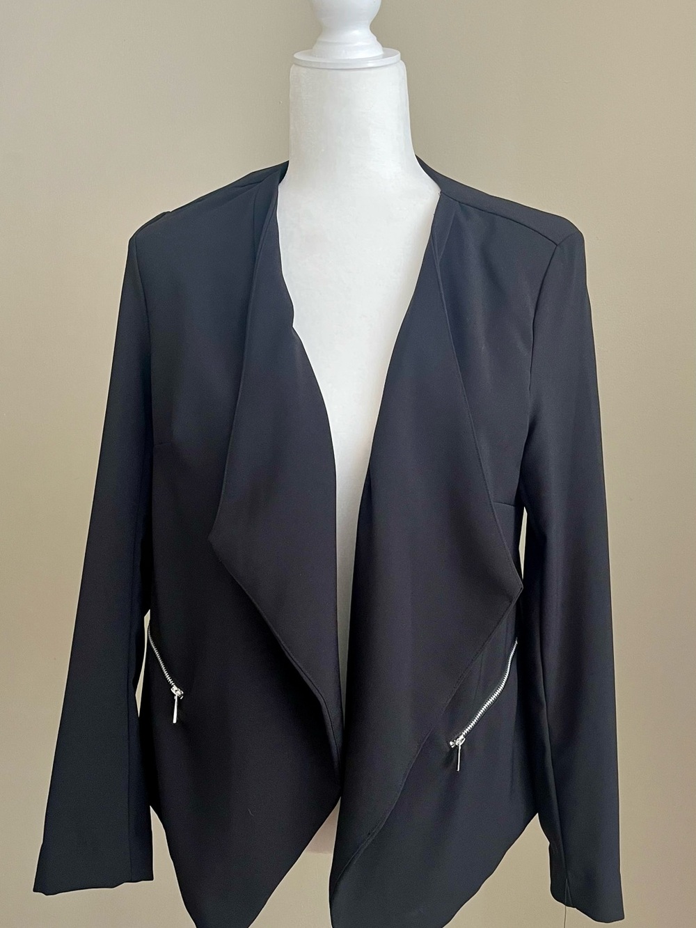 NY Collection Black Open-Front Draped Blazer with Zip Pockets